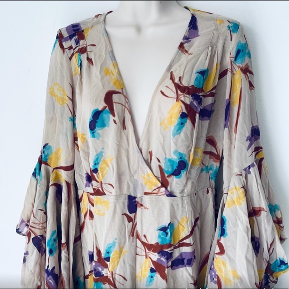 BY TIMO tulip V-neck wide leg jumpsuit floral boho Free People viscose tan - Picture 8 of 13